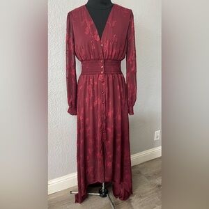Elegant Burgundy Long Sleeve Hi-Lo Embroidered Dress